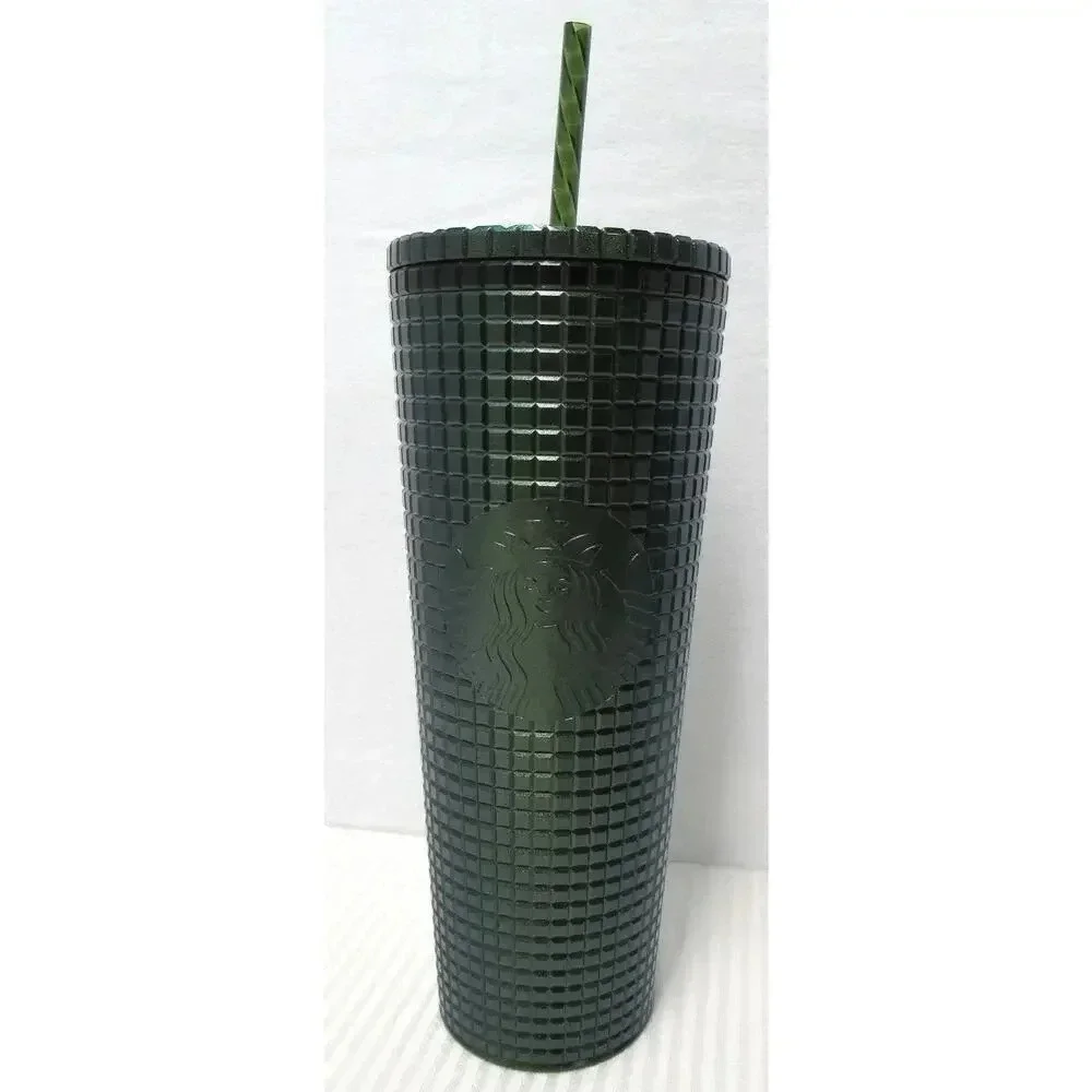 Starbucks Dark Green Metallic Shimmer Grid 24oz Venti Tumbler Cold Cup Straw NEW